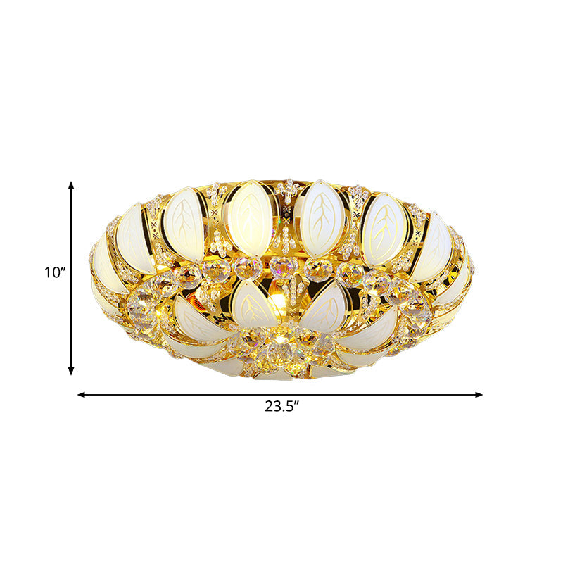 23.5/31.5 Contemporary Crystal And Glass Round Flush Ceiling Light With Leaf Pattern In Gold