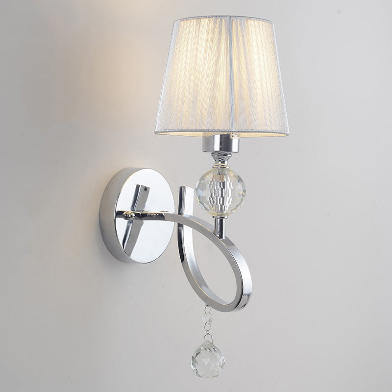 Modern Bedroom Wall Sconce: Cone Shade Fabric 1-Head Light With Clear Crystal Ball Deco - Silver