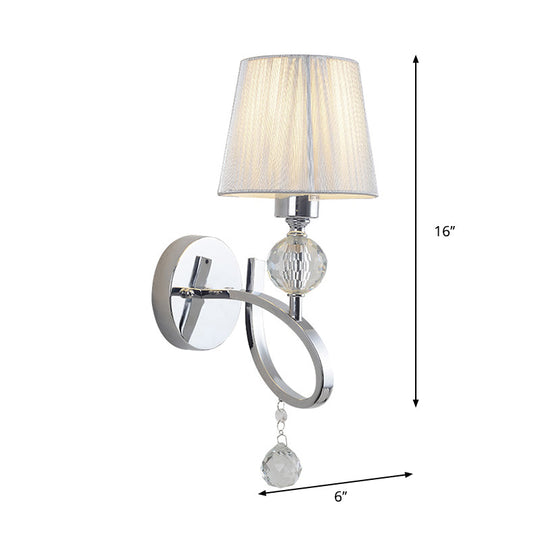 Modern Bedroom Wall Sconce: Cone Shade Fabric 1-Head Light With Clear Crystal Ball Deco - Silver