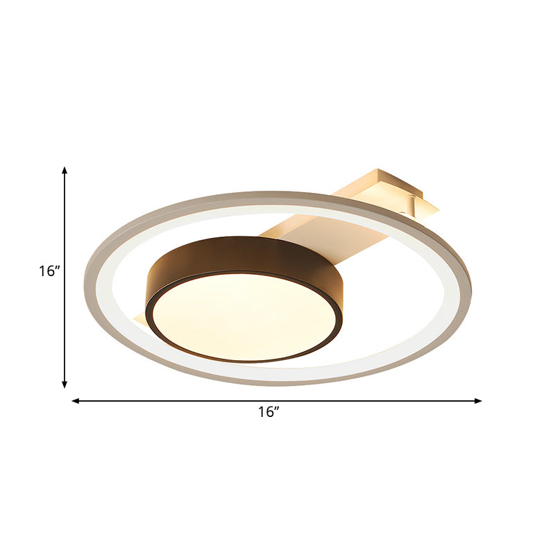 Modern Black And White Led Ceiling Light: Simple Drum Flush Lamp With Halo Ring 16’/19.5’ Wide