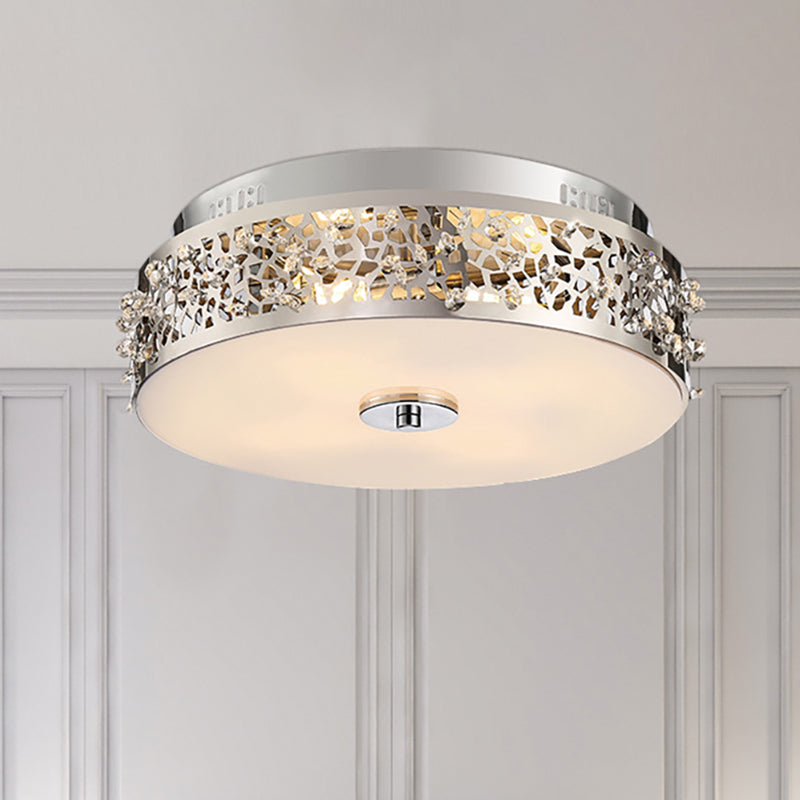 Metallic Drum Flush Lamp With Crystal Accents - 4 - Light Contemporary Ceiling Mount