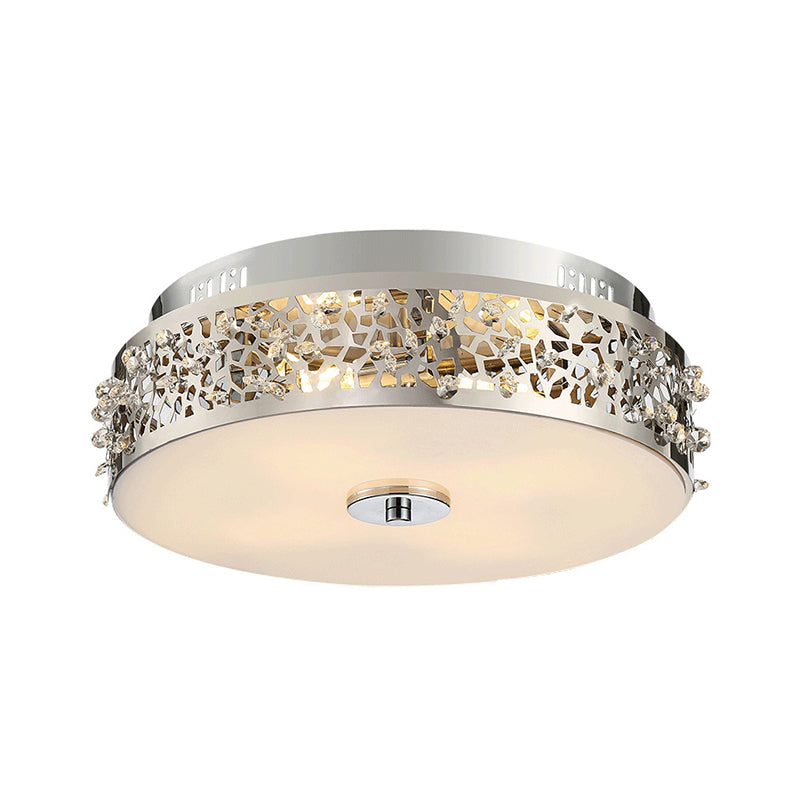 Metallic Drum Flush Lamp With Crystal Accents - 4 - Light Contemporary Ceiling Mount
