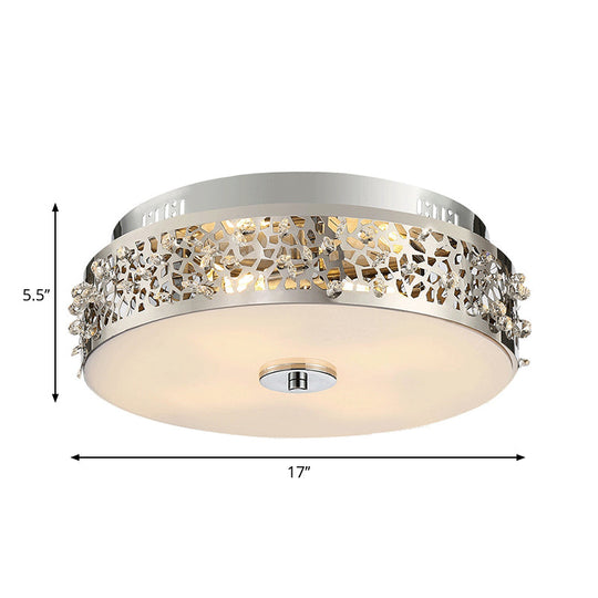 Metallic Drum Flush Lamp With Crystal Accents - 4 - Light Contemporary Ceiling Mount