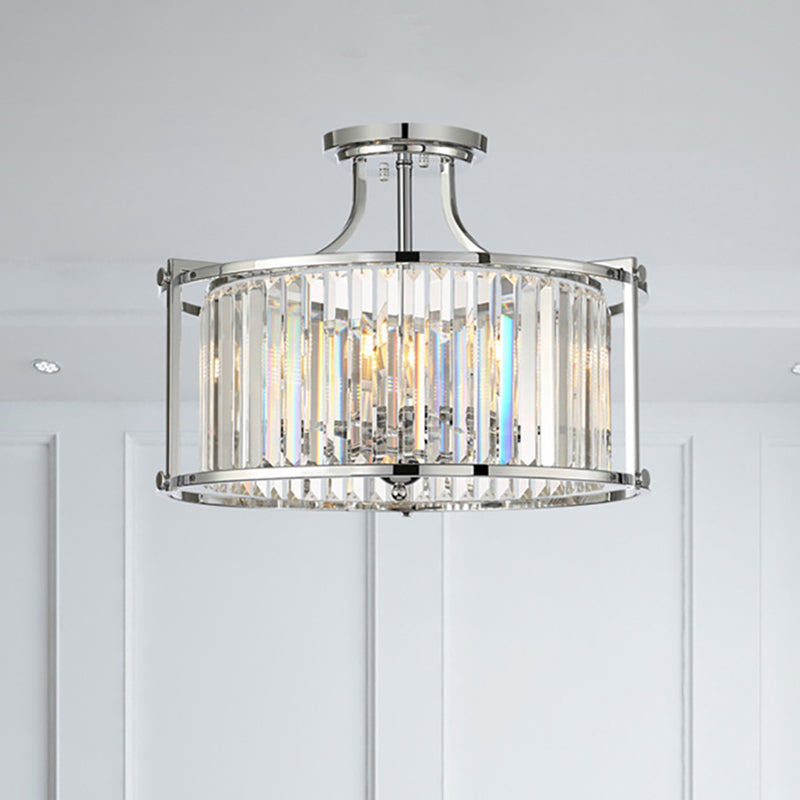 Modern Clear Crystal Drum Ceiling Light - 4 - Light Chrome Semi Flushmount