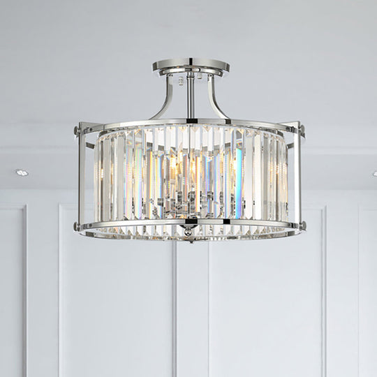 Modern Clear Crystal Drum Ceiling Light - 4 - Light Chrome Semi Flushmount