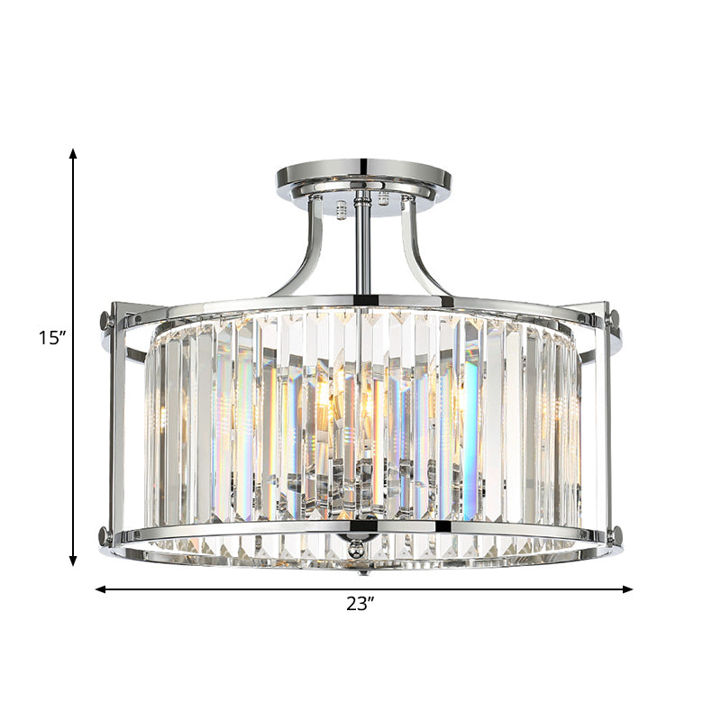 Modern Clear Crystal Drum Ceiling Light - 4 - Light Chrome Semi Flushmount
