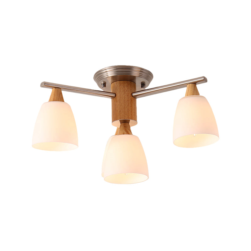 Wooden Semi Flush Mount Light With Modern White Glass Shade & 4 Tapered Lights