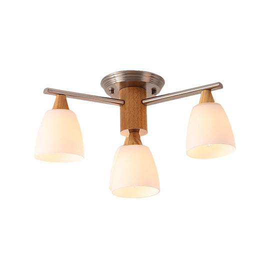 Wooden Semi Flush Mount Light With Modern White Glass Shade & 4 Tapered Lights