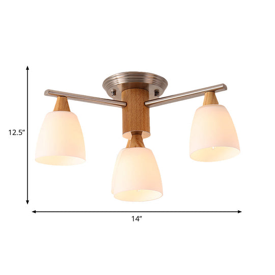 Wooden Semi Flush Mount Light With Modern White Glass Shade & 4 Tapered Lights