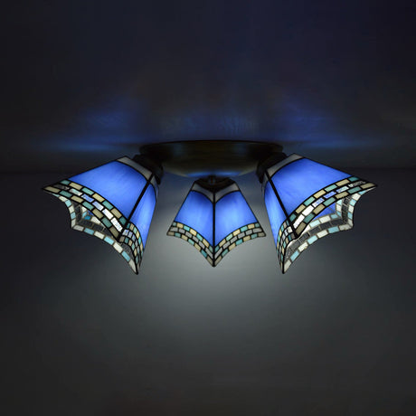 Retro Style Stained Glass Geometric Ceiling Light With Prismatic/Swallow-Tail/House/Dome/Bell Shape