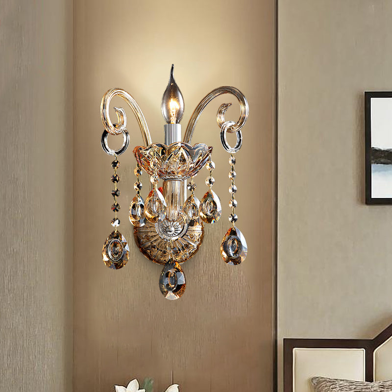 Modern Amber Glass Candle Sconce Wall Light With Crystal Drip Accent - 1/2 Heads Bedroom Fixture