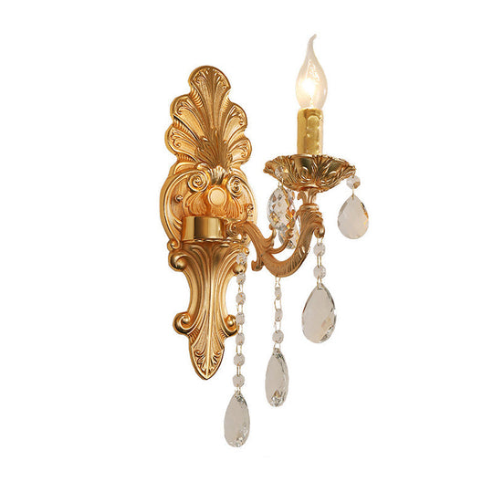 Postmodern Brass Wall Sconce With Crystal Drip Accent - Candelabra Style 1/2 Head Design For Living