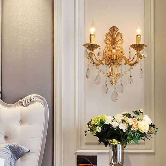 Postmodern Brass Wall Sconce With Crystal Drip Accent - Candelabra Style 1/2 Head Design For Living