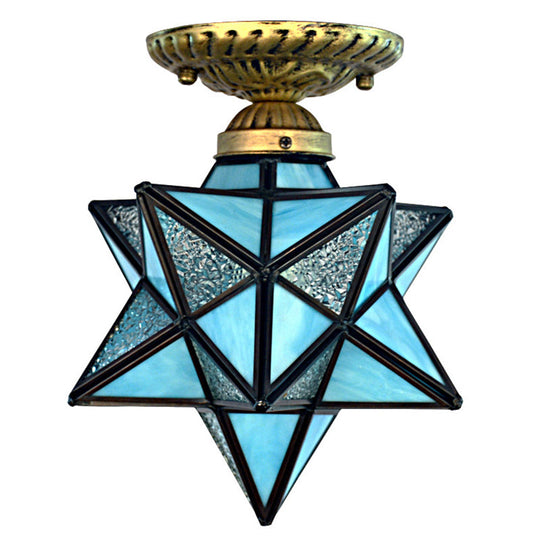 Icy Clear Glass Tiffany Semi-Flush Ceiling Light For Bedroom With Diamond Shape Mount Sky Blue