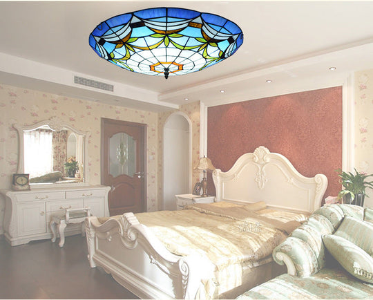 Tiffany Style Art Glass Dome Flush Ceiling Light For Bedroom