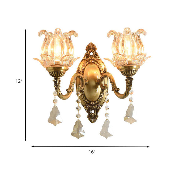 Modern Clear Glass Flower Wall Sconce Light With Crystal Drop - 1/2 Heads Brass Mounted