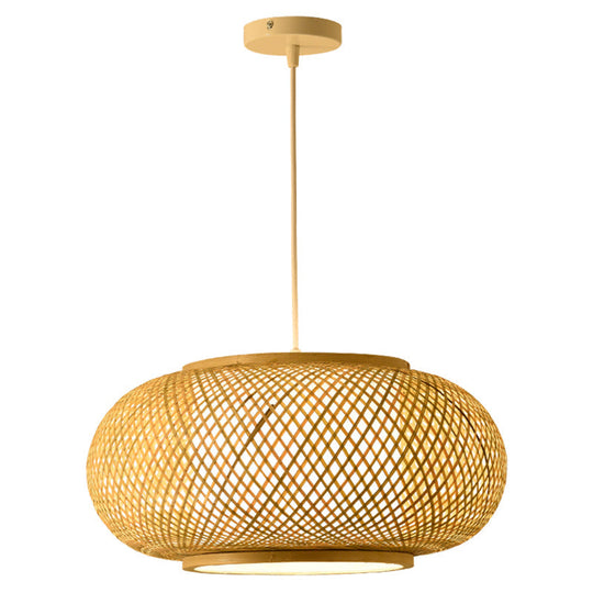 Asian Style Bamboo & Rattan Weaving Drum Pendant Lamp Beige