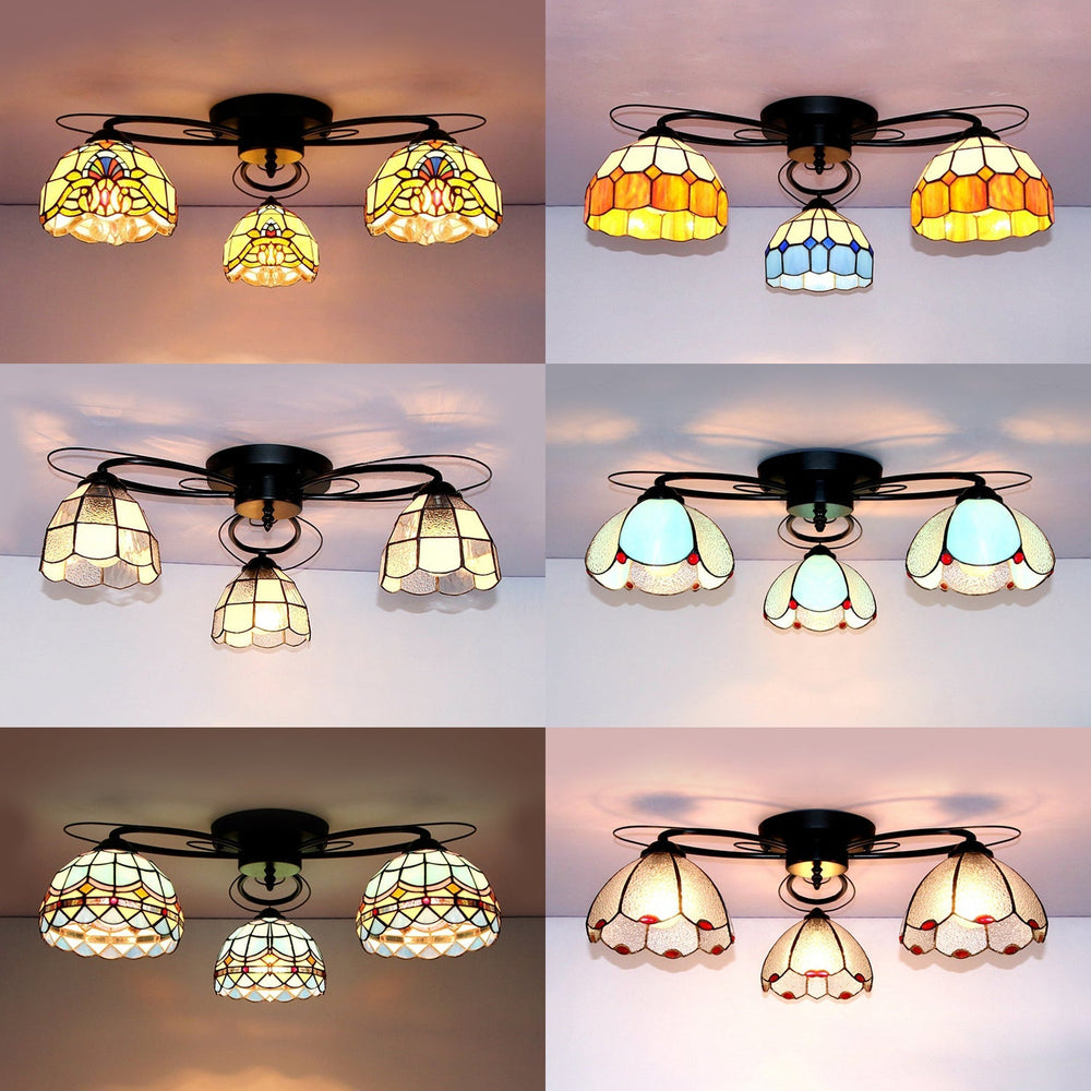 Victorian Stained Glass Ceiling Fixture - Dome Shape Black Flush Mount With 3 Lights