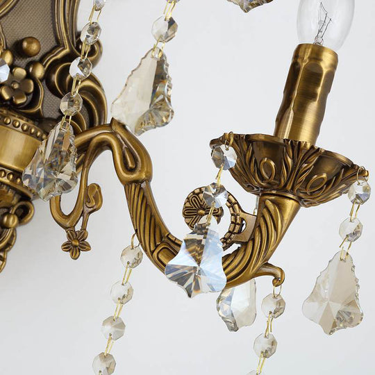 Vintage Brass Metal Sconce Light With Crystal Drip Accents - 3 Heads Candle Wall Fixture