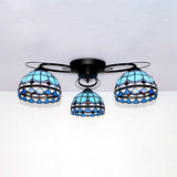 Victorian Stained Glass Ceiling Fixture - Dome Shape Black Flush Mount With 3 Lights