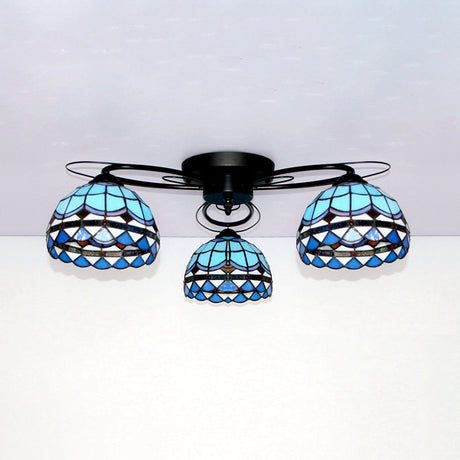 Victorian Stained Glass Ceiling Fixture - Dome Shape Black Flush Mount With 3 Lights