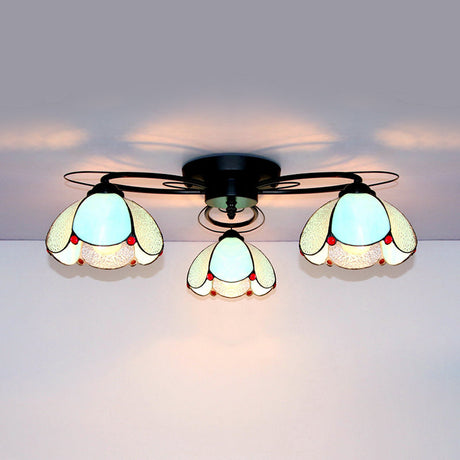 Victorian Stained Glass Ceiling Fixture - Dome Shape Black Flush Mount With 3 Lights / Blue Diamond