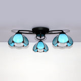 Victorian Stained Glass Ceiling Fixture - Dome Shape Black Flush Mount With 3 Lights