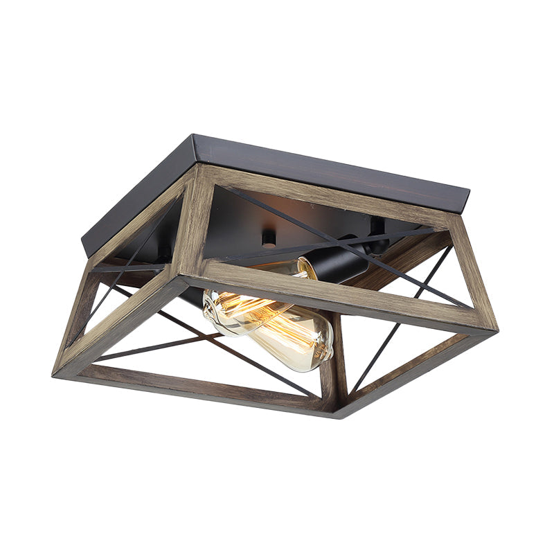 Rustic Cuboid Wood Frame Ceiling Lamp - 2-Light Brown Flush Mount Fixture