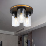 Rustic Clear Glass Ceiling Light With 3 Downward Cylindrical Bulbs - Flushmount