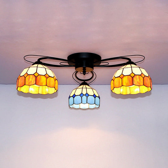 Victorian Stained Glass Ceiling Fixture - Dome Shape Black Flush Mount With 3 Lights / Blue Square