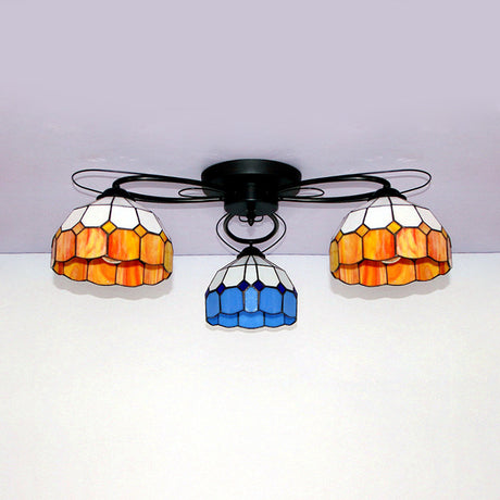 Victorian Stained Glass Ceiling Fixture - Dome Shape Black Flush Mount With 3 Lights
