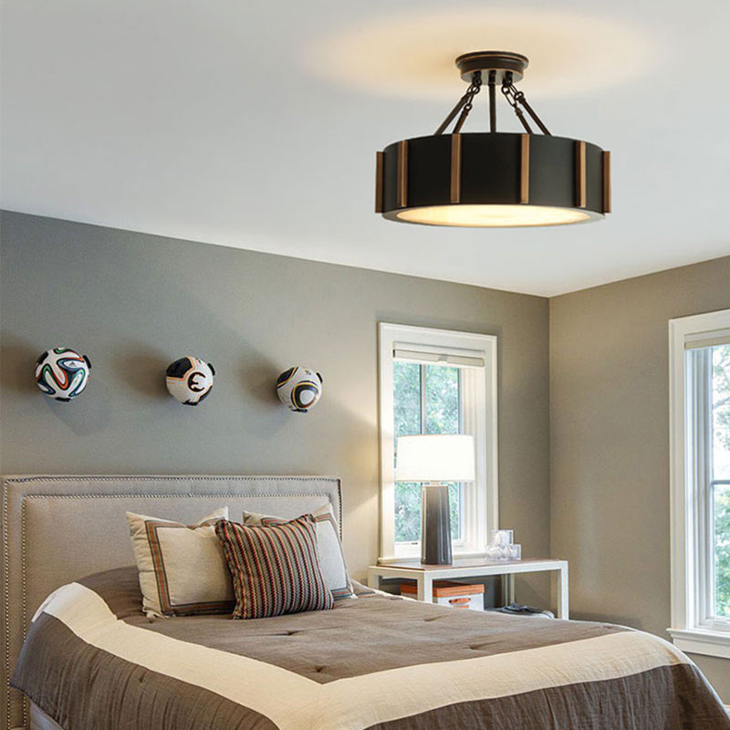 Rustic Led Semi Flush Drum Light - Warm Black Metallic Close-To-Ceiling Fixture 18’’ Width Ceiling