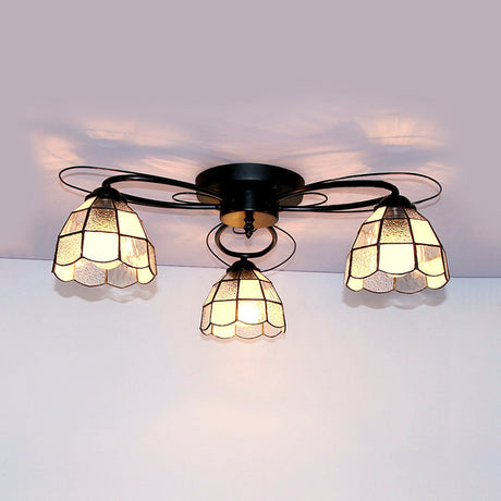 Victorian Stained Glass Ceiling Fixture - Dome Shape Black Flush Mount With 3 Lights / Square