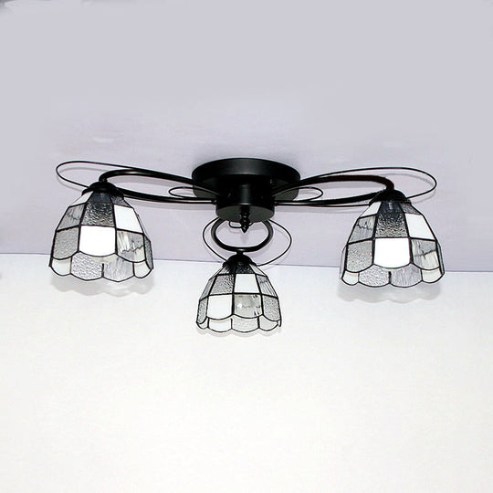 Victorian Stained Glass Ceiling Fixture - Dome Shape Black Flush Mount With 3 Lights