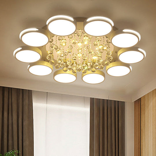 Contemporary White Round Crystal Led Ceiling Light - Flush Mount With Warm/White/3 Color Lighting