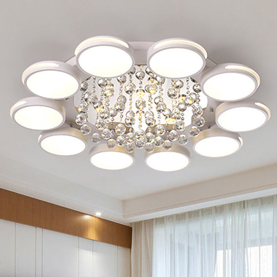 Contemporary White Round Crystal Led Ceiling Light - Flush Mount With Warm/White/3 Color Lighting /