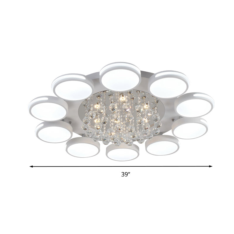 Contemporary White Round Crystal Led Ceiling Light - Flush Mount With Warm/White/3 Color Lighting