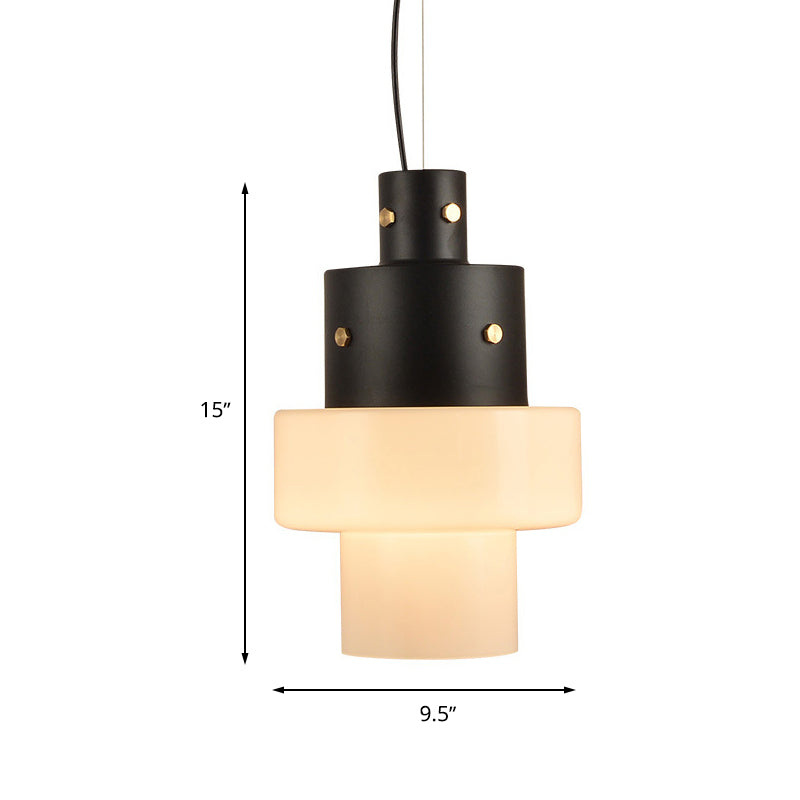 Rustic White Glass Cylinder Pendant Light For Living Room - Single Head Black Ceiling Fixture