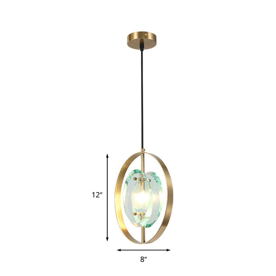 Contemporary Gold Oval Frame Pendant Ceiling Light With Crystal Shade - 1 Head Metal Fixture