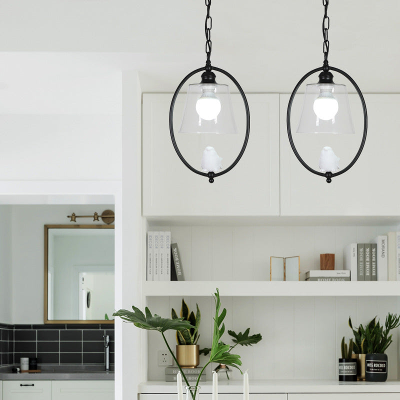 Nordic Metal 1-Head Oval Hanging Lamp Kit With Clear Glass Shade - White/Black Pendant Ceiling Light