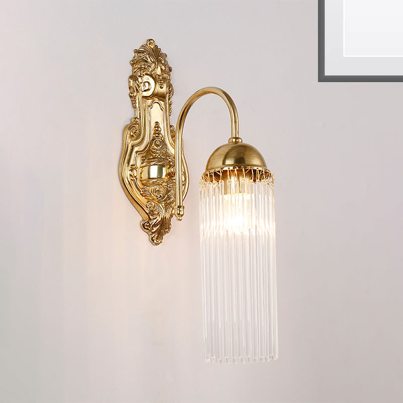 Modern Gold Wall Sconce Lamp With Clear Crystal & Metal Gooseneck Arm - Tubular Corridor Lighting 1