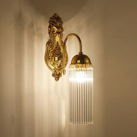 Modern Gold Wall Sconce Lamp With Clear Crystal & Metal Gooseneck Arm - Tubular Corridor Lighting