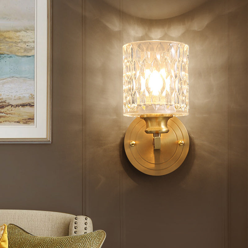 Contemporary Cylindrical Wall Light: Stylish Clear Dimpled Glass Design Golden Sconce For Bedroom