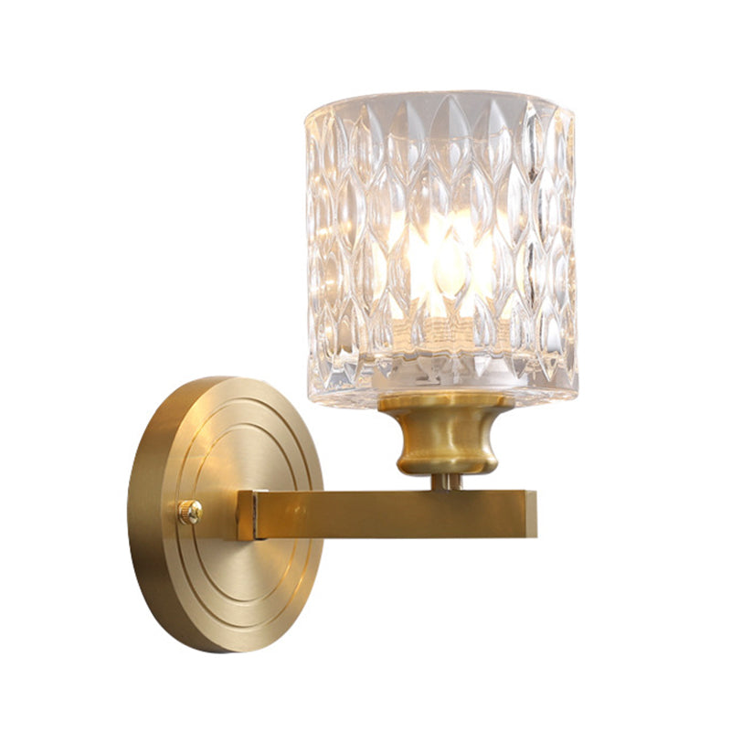 Contemporary Cylindrical Wall Light: Stylish Clear Dimpled Glass Design Golden Sconce For Bedroom