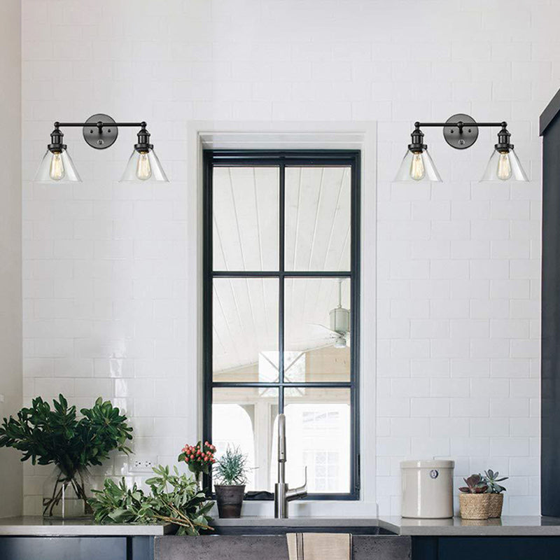 Conical Shade Industrial Wall Lamp With Clear Glass Cage - 2 Lights Vanity Sconce