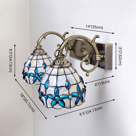 Tiffany Vanity Wall Sconce - Aged Brass With Natural Shell Shade And Mirror Lights