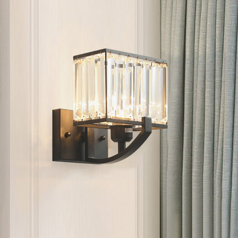 Modern Black/Gold Rectangle Wall Mount Sconce Light With Clear Crystal For Bedroom - 7/18 W Black /