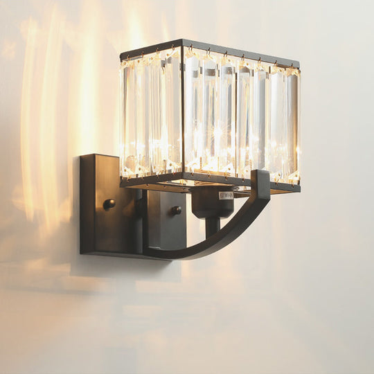 Modern Black/Gold Rectangle Wall Mount Sconce Light With Clear Crystal For Bedroom - 7/18 W