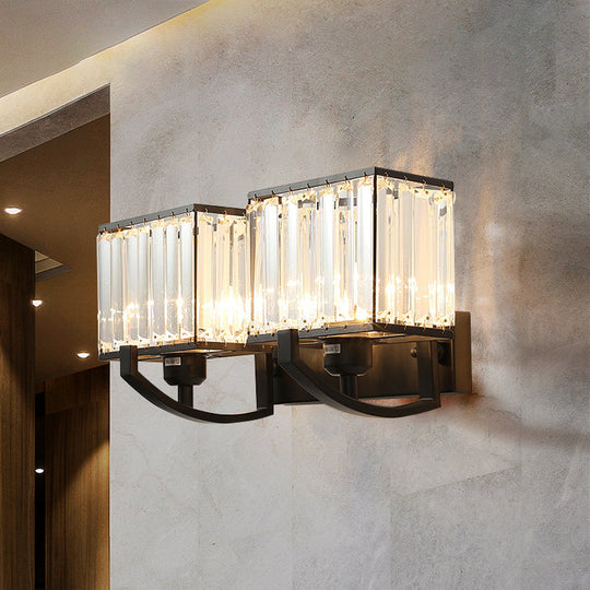 Modern Black/Gold Rectangle Wall Mount Sconce Light With Clear Crystal For Bedroom - 7/18 W