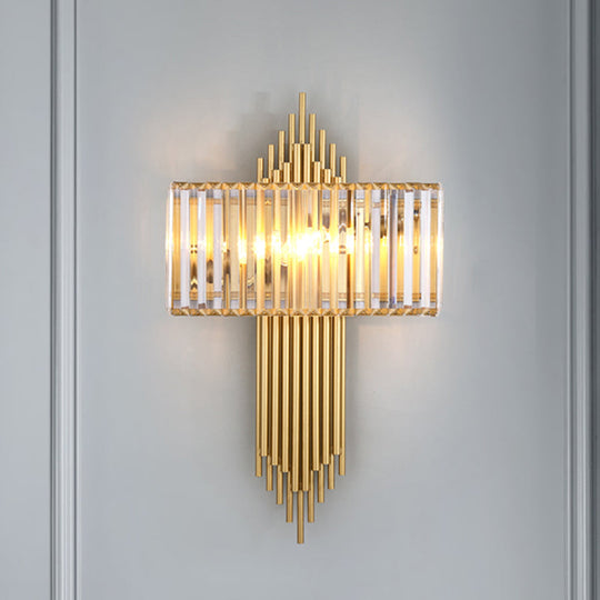 Modern Clear Crystal Wall Sconce With 2 Golden Lights For Bedside - 14.5/16.5 W Rectangular Lighting